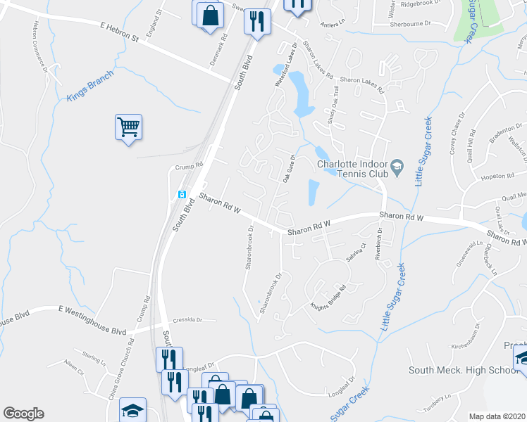 map of restaurants, bars, coffee shops, grocery stores, and more near 8725 Kody Marie Court in Charlotte