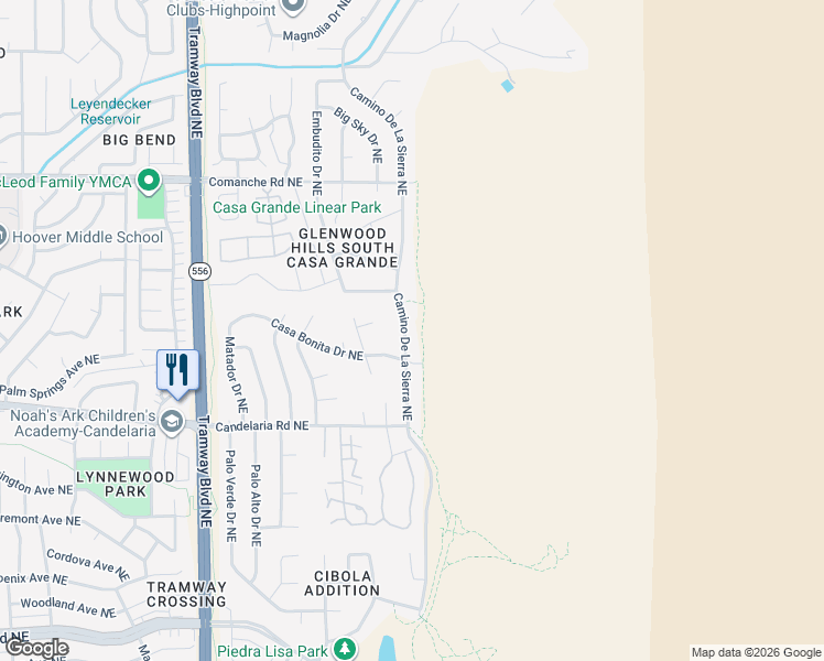 map of restaurants, bars, coffee shops, grocery stores, and more near 3104 Cam De La Sierra Northeast in Albuquerque