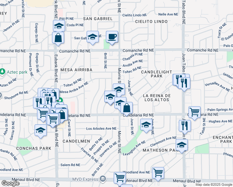 map of restaurants, bars, coffee shops, grocery stores, and more near 10305 Quarai Avenue Northeast in Albuquerque