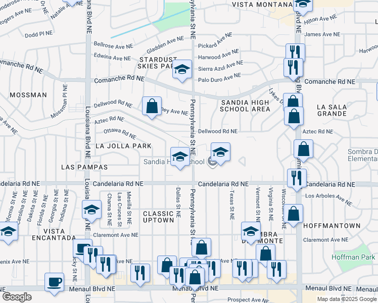 map of restaurants, bars, coffee shops, grocery stores, and more near 7701 Candelaria Road Northeast in Albuquerque