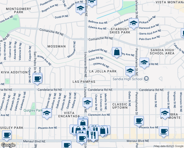 map of restaurants, bars, coffee shops, grocery stores, and more near 6901 Shoshone Road Northeast in Albuquerque