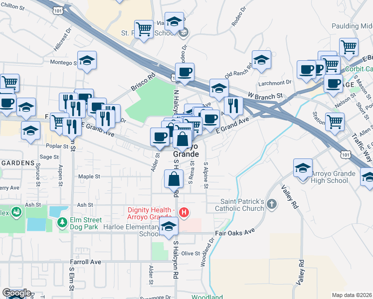 map of restaurants, bars, coffee shops, grocery stores, and more near in Arroyo Grande