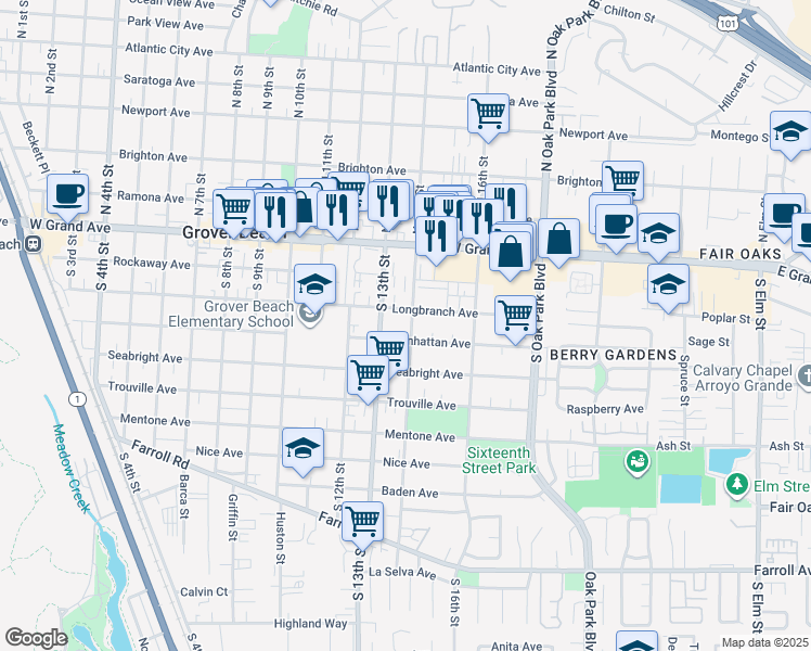map of restaurants, bars, coffee shops, grocery stores, and more near 1342 Manhattan Avenue in Grover Beach