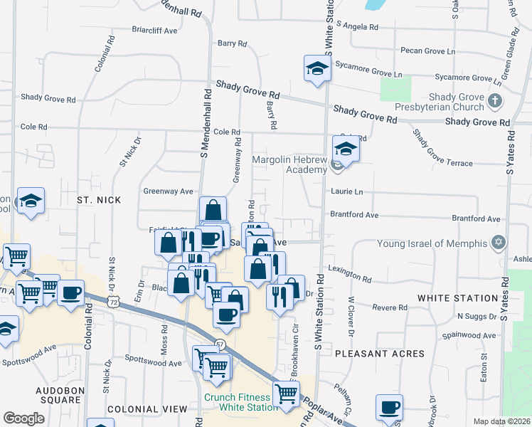 map of restaurants, bars, coffee shops, grocery stores, and more near 475 Jack Kramer Drive in Memphis