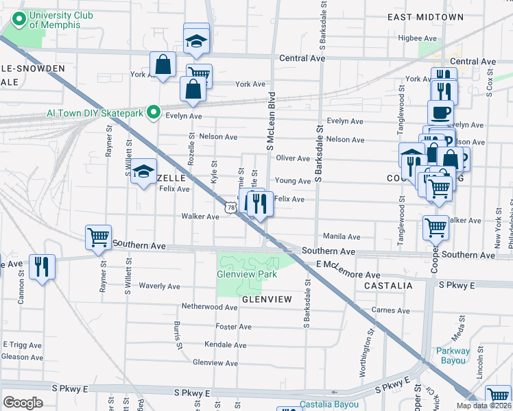 map of restaurants, bars, coffee shops, grocery stores, and more near in Memphis