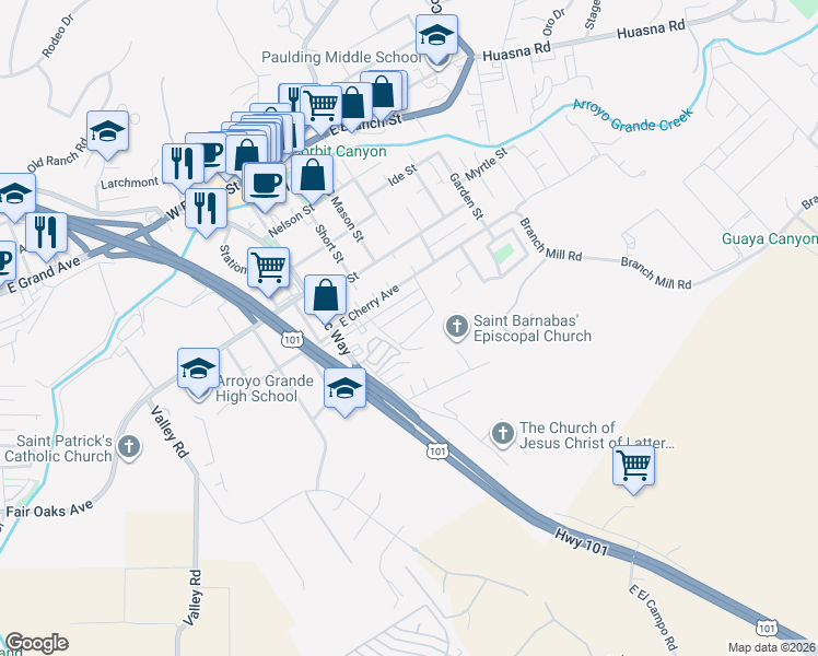 map of restaurants, bars, coffee shops, grocery stores, and more near 261 Haven Court in Arroyo Grande
