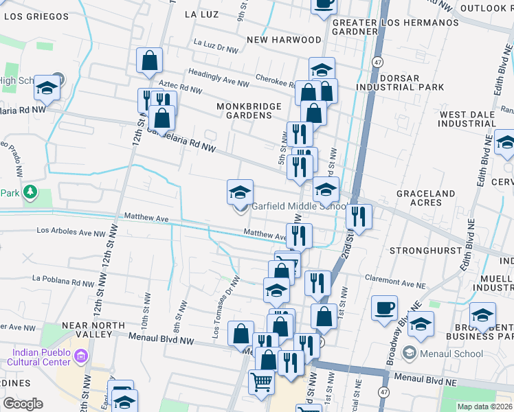 map of restaurants, bars, coffee shops, grocery stores, and more near 3501 6th Street Northwest in Albuquerque