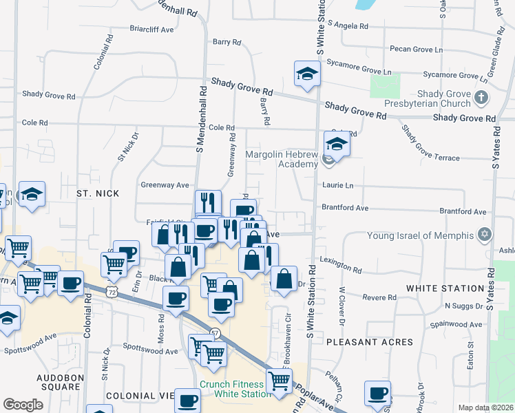 map of restaurants, bars, coffee shops, grocery stores, and more near 475 Jack Kramer Drive in Memphis