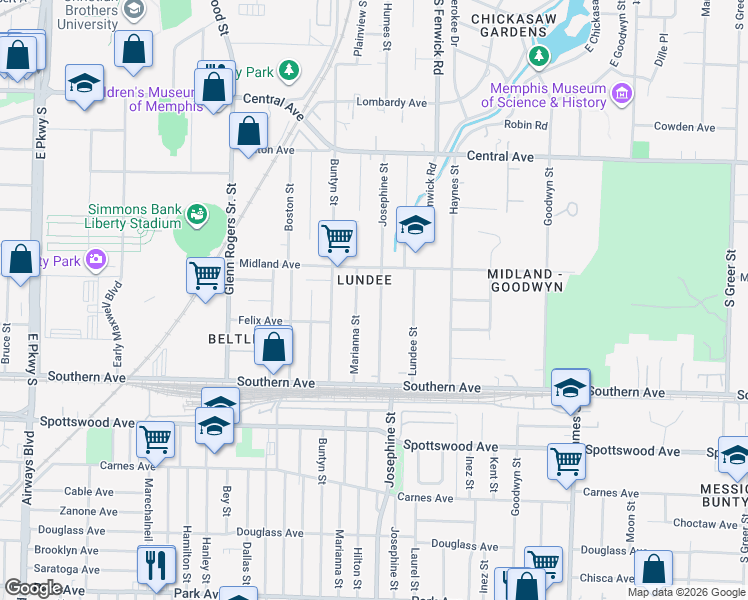 map of restaurants, bars, coffee shops, grocery stores, and more near 511 Josephine Street in Memphis