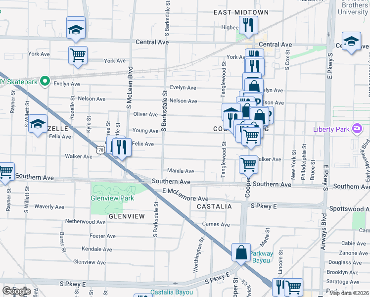map of restaurants, bars, coffee shops, grocery stores, and more near 1956 Walker Avenue in Memphis