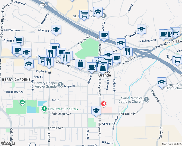 map of restaurants, bars, coffee shops, grocery stores, and more near East Grand Avenue & Alder Street in Arroyo Grande
