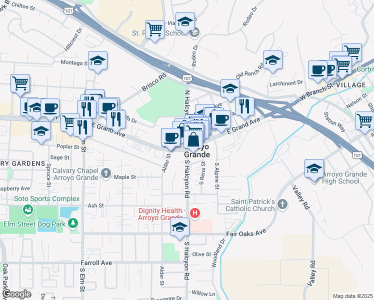 map of restaurants, bars, coffee shops, grocery stores, and more near 32 South Halcyon Road in Arroyo Grande