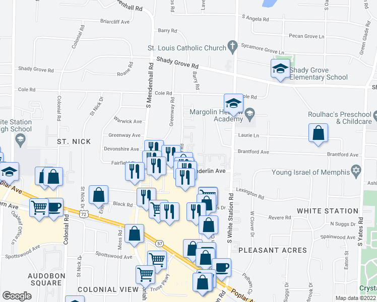 map of restaurants, bars, coffee shops, grocery stores, and more near 475 Jack Kramer Drive in Memphis