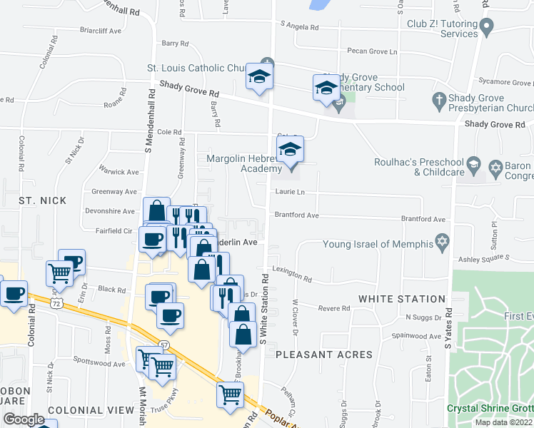 map of restaurants, bars, coffee shops, grocery stores, and more near S White Station Rd & Brantford Ave in Memphis