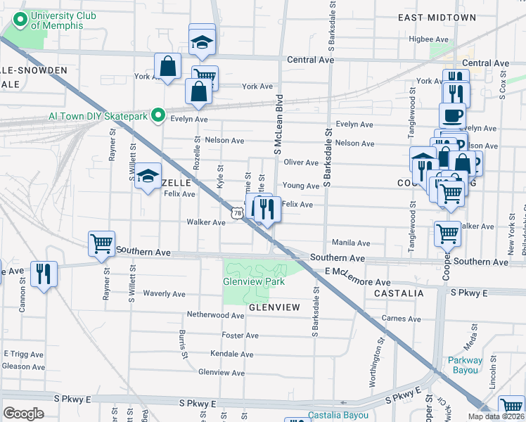 map of restaurants, bars, coffee shops, grocery stores, and more near in Memphis
