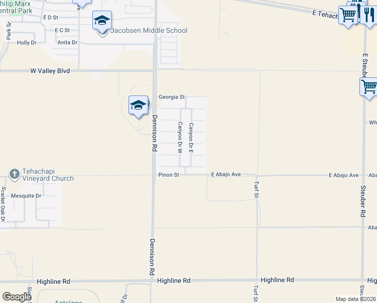 map of restaurants, bars, coffee shops, grocery stores, and more near 1199 Canyon Drive East in Tehachapi