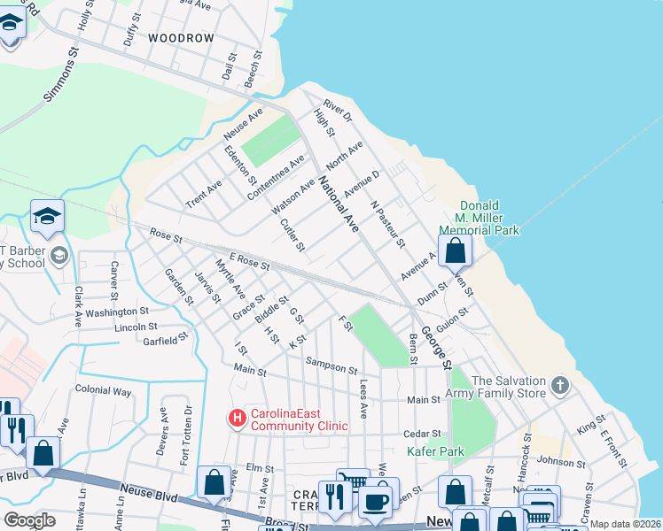 map of restaurants, bars, coffee shops, grocery stores, and more near 604 C Street in New Bern