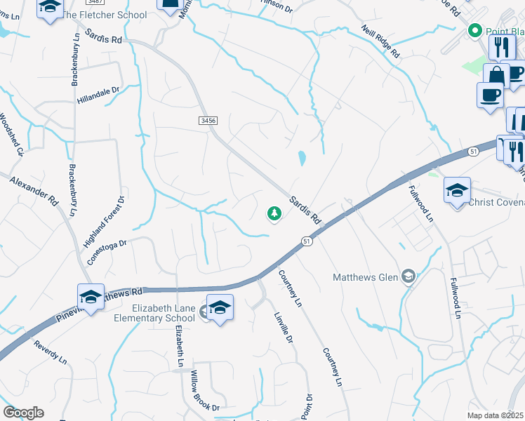 map of restaurants, bars, coffee shops, grocery stores, and more near 9650 Sardis Road in Matthews