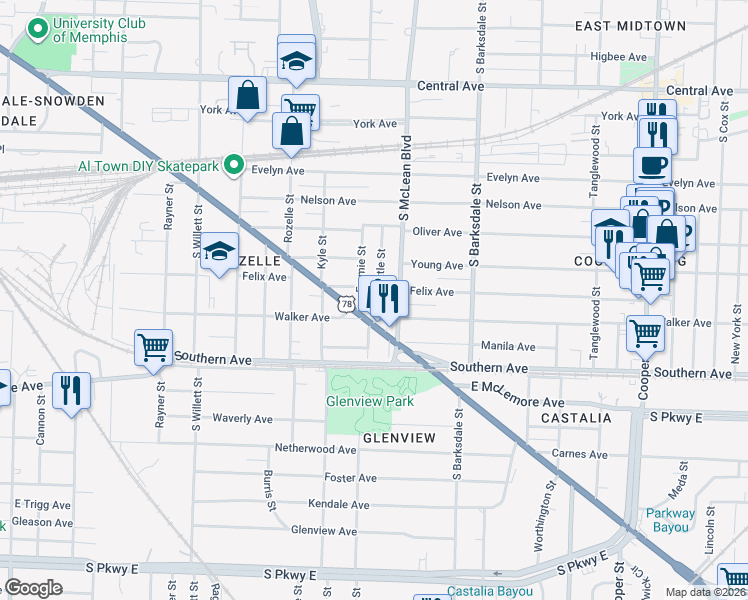 map of restaurants, bars, coffee shops, grocery stores, and more near in Memphis