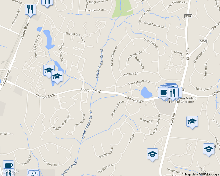 map of restaurants, bars, coffee shops, grocery stores, and more near 7525 Quail Meadow Lane in Charlotte