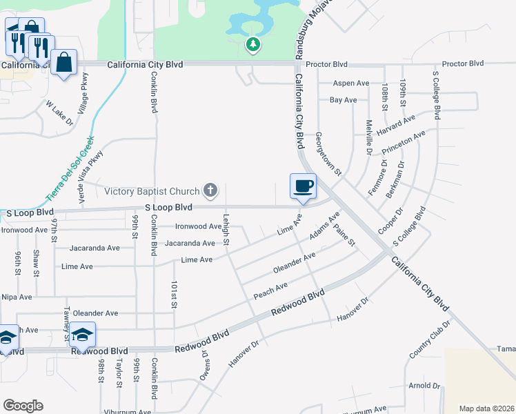 map of restaurants, bars, coffee shops, grocery stores, and more near 10300 South Loop Boulevard in California City