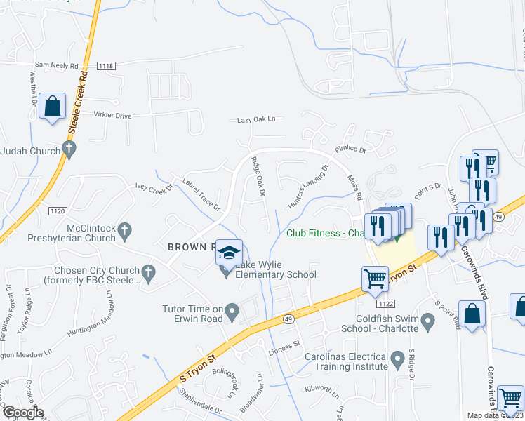 map of restaurants, bars, coffee shops, grocery stores, and more near 11422 Ridge Oak Drive in Charlotte