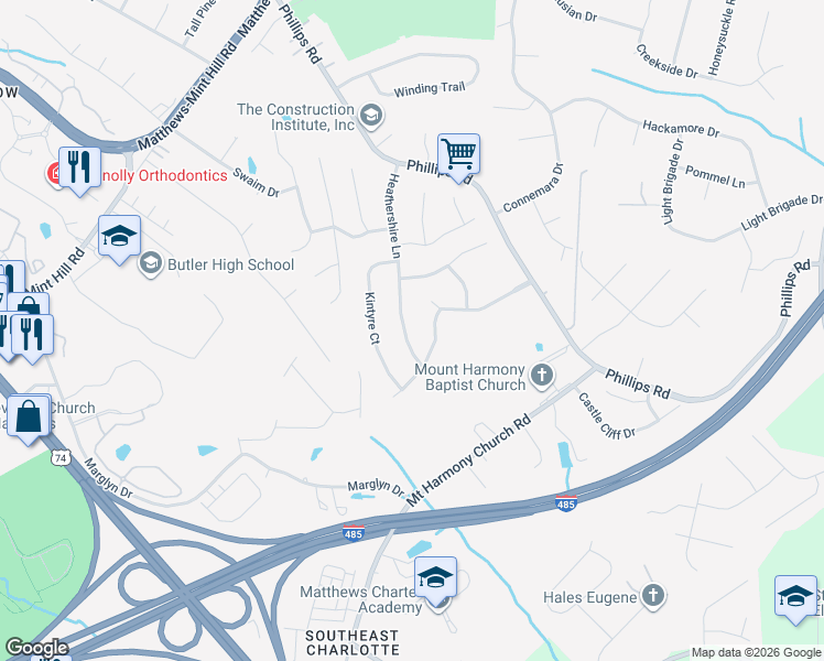 map of restaurants, bars, coffee shops, grocery stores, and more near 2336 Heathershire Lane in Matthews