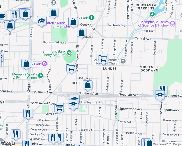 map of restaurants, bars, coffee shops, grocery stores, and more near 491 Boston Street in Memphis