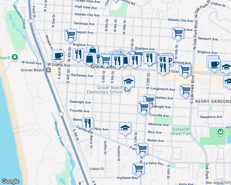 map of restaurants, bars, coffee shops, grocery stores, and more near 941 Manhattan Avenue in Grover Beach