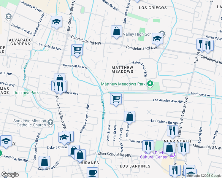 map of restaurants, bars, coffee shops, grocery stores, and more near 1625 Los Arboles Avenue Northwest in Albuquerque