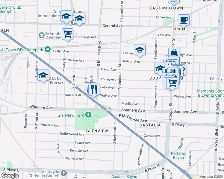 map of restaurants, bars, coffee shops, grocery stores, and more near 1879 Felix Avenue in Memphis