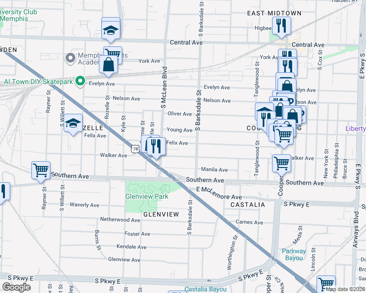 map of restaurants, bars, coffee shops, grocery stores, and more near 1875 Felix Avenue in Memphis