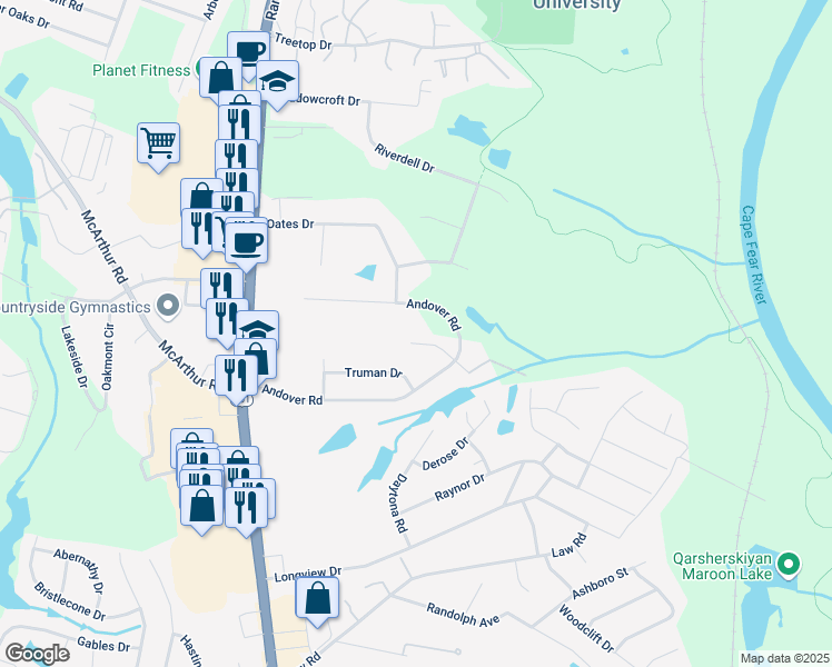 map of restaurants, bars, coffee shops, grocery stores, and more near 235 Croydon Avenue in Fayetteville