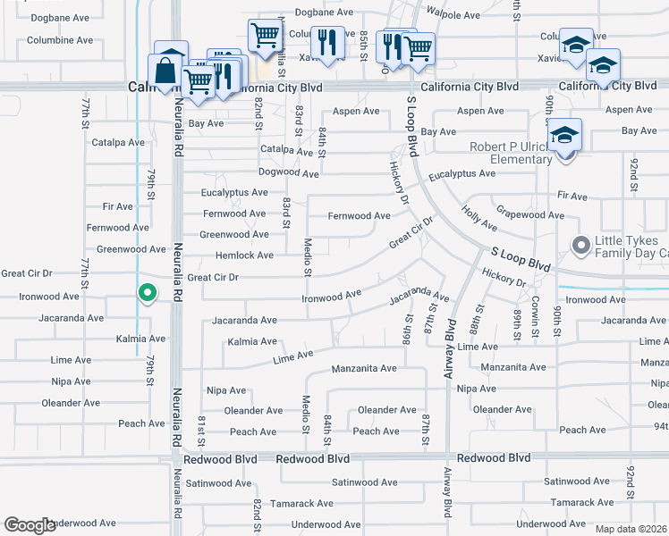 map of restaurants, bars, coffee shops, grocery stores, and more near 8413 Great Circle Drive in California City