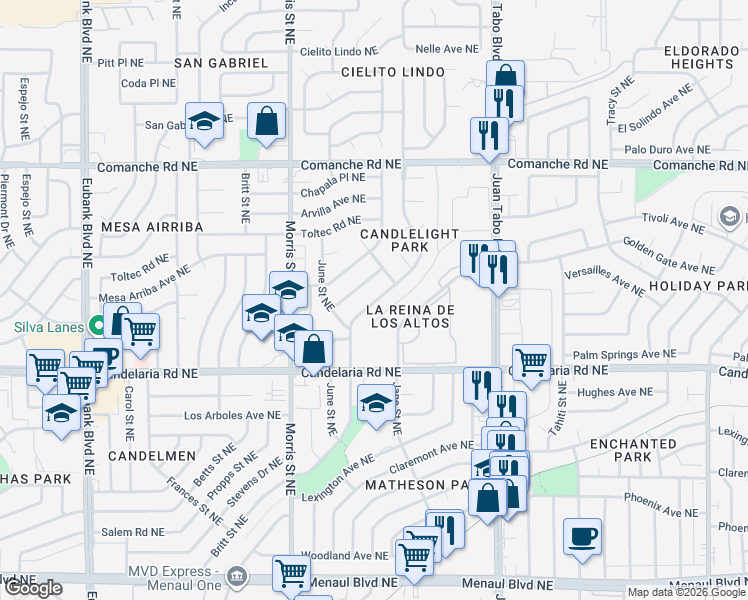 map of restaurants, bars, coffee shops, grocery stores, and more near 3212 Candlelight Drive Northeast in Albuquerque