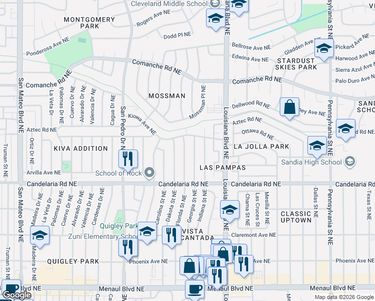 map of restaurants, bars, coffee shops, grocery stores, and more near 3106 Florida Street Northeast in Albuquerque