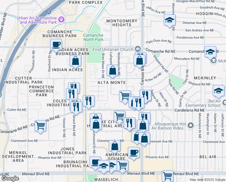 map of restaurants, bars, coffee shops, grocery stores, and more near 3206 Alta Monte Avenue Northeast in Albuquerque