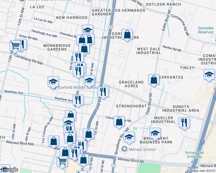 map of restaurants, bars, coffee shops, grocery stores, and more near 3606 2nd Street Northwest in Albuquerque