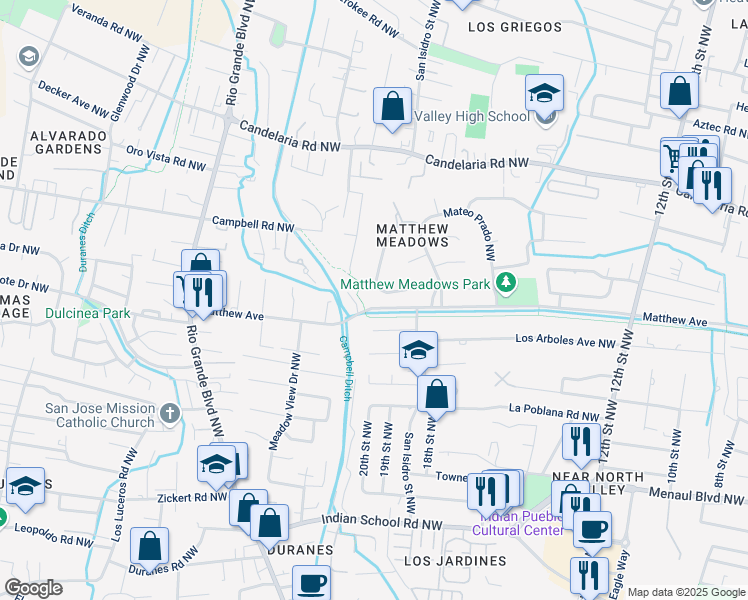 map of restaurants, bars, coffee shops, grocery stores, and more near 1625 Los Arboles Avenue Northwest in Albuquerque