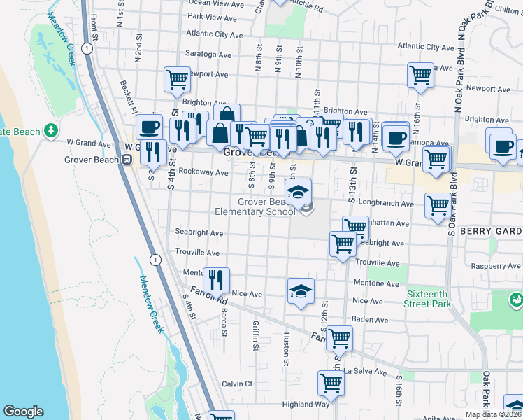 map of restaurants, bars, coffee shops, grocery stores, and more near 850 Manhattan Avenue in Grover Beach
