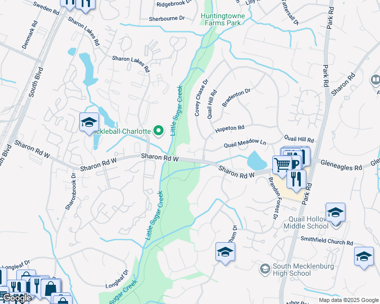 map of restaurants, bars, coffee shops, grocery stores, and more near 7525 Quail Meadow Lane in Charlotte