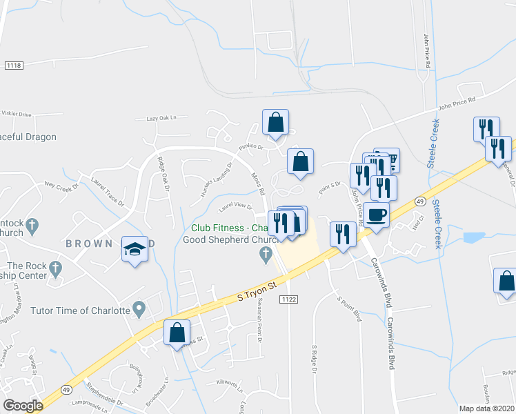 map of restaurants, bars, coffee shops, grocery stores, and more near 11403 Laurel View Drive in Charlotte