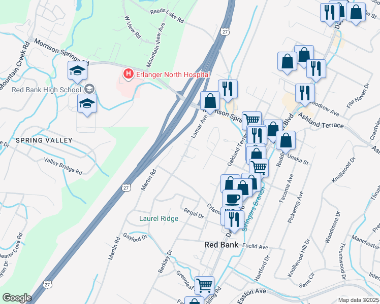 map of restaurants, bars, coffee shops, grocery stores, and more near 3612 Lamar Avenue in Chattanooga