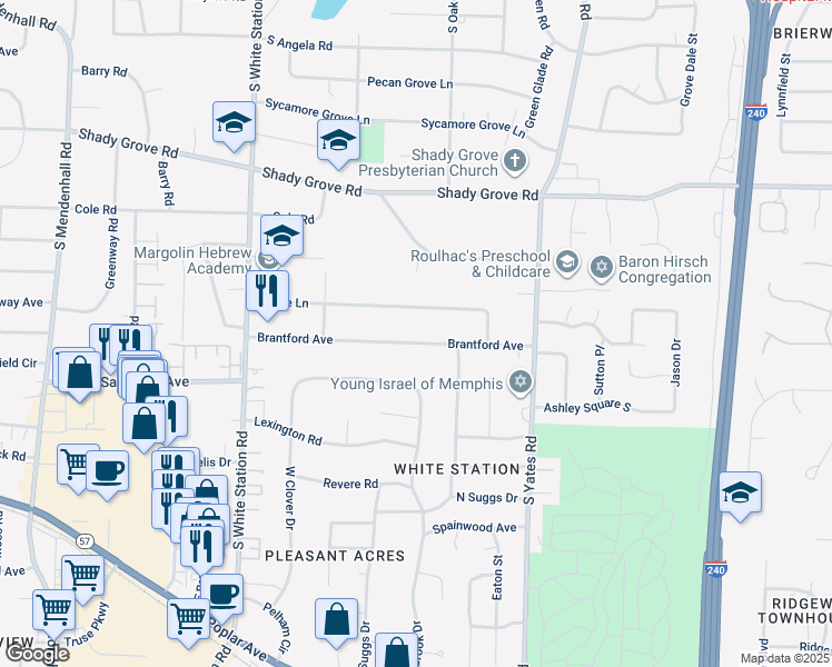 map of restaurants, bars, coffee shops, grocery stores, and more near 5409 Brantford Avenue in Memphis