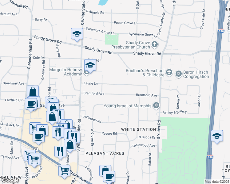 map of restaurants, bars, coffee shops, grocery stores, and more near 5365 Brantford Avenue in Memphis