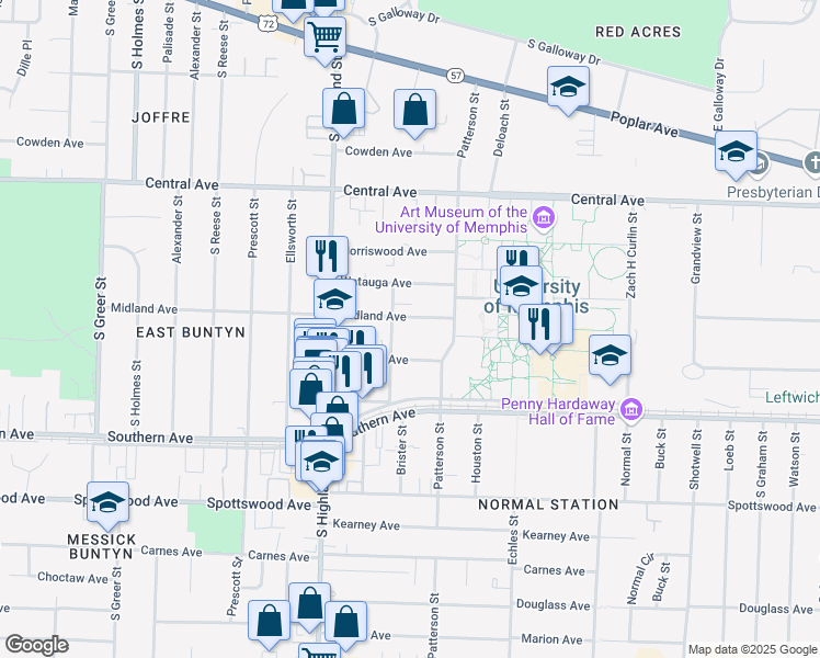 map of restaurants, bars, coffee shops, grocery stores, and more near 3582 Mynders Avenue in Memphis