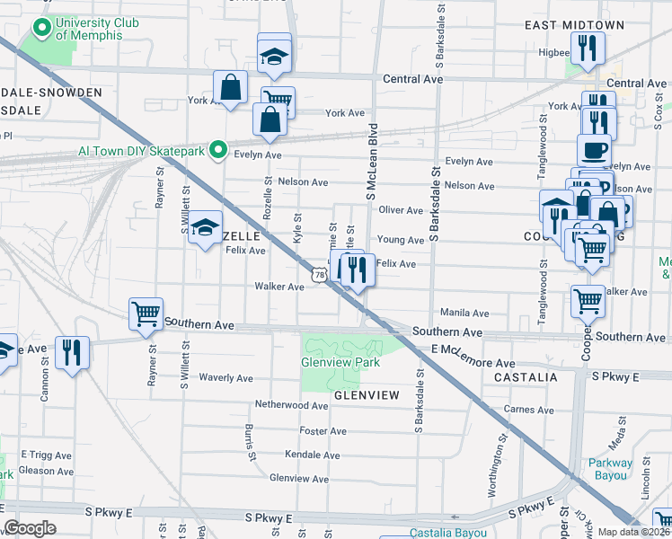 map of restaurants, bars, coffee shops, grocery stores, and more near in Memphis