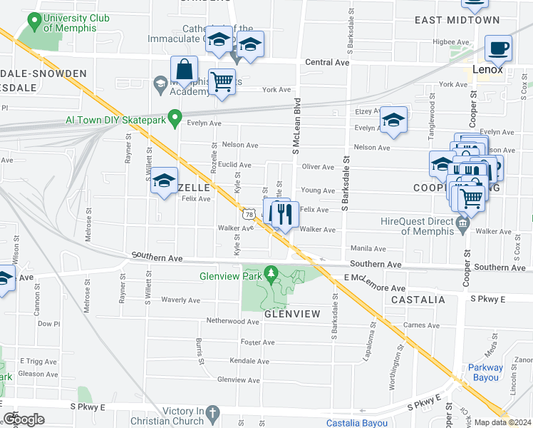 map of restaurants, bars, coffee shops, grocery stores, and more near in Memphis