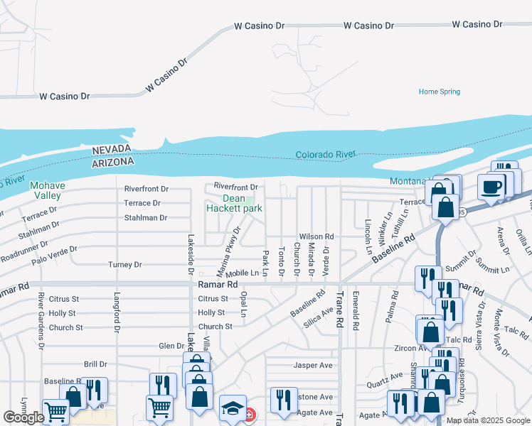 map of restaurants, bars, coffee shops, grocery stores, and more near 1064 Joshua Lane in Bullhead City