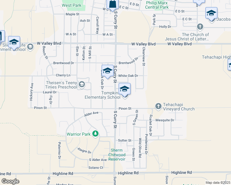 map of restaurants, bars, coffee shops, grocery stores, and more near 1120 South Curry Street in Tehachapi